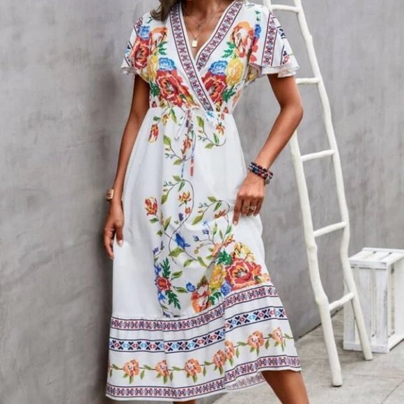 Overlap Collar Flutter Sleeves Tied Front Floral Midi Dress white - Picture 4 of 5